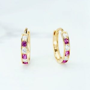 14K Yellow Gold Genuine Red Ruby Channel Set Diamond Huggie Hoop Earrings